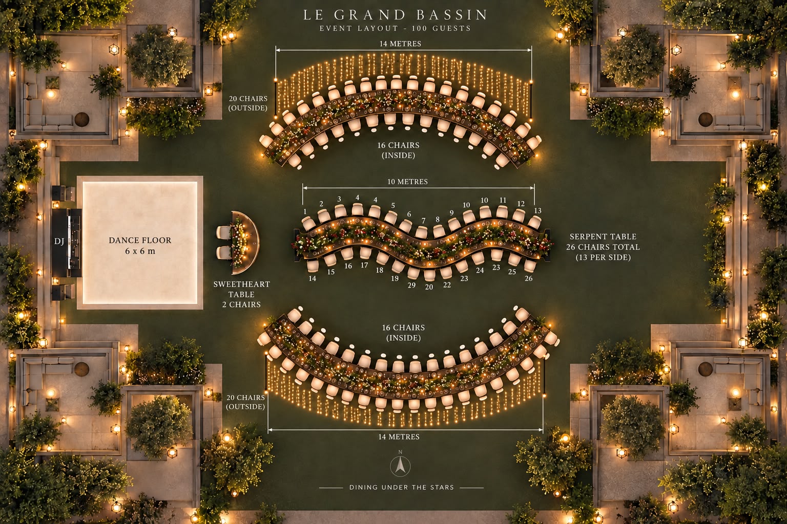 Dinner layout at Le Grand Bassin
