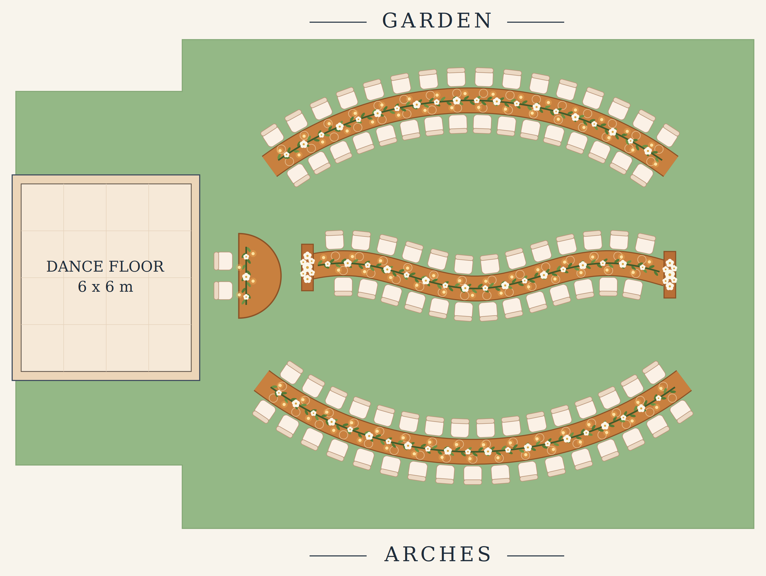 Dinner layout: three tables between the garden and the arches